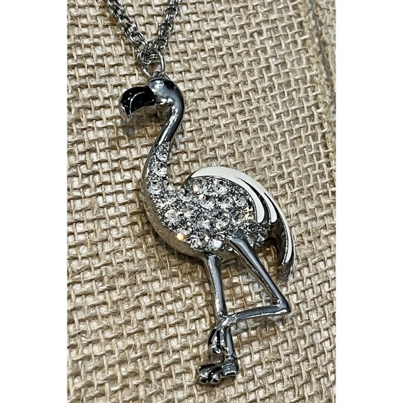 Chicos Clear Rhinestone & Enamel Flamingo Pendant Silver Tone Necklace  30~33in - Picture 5 of 10